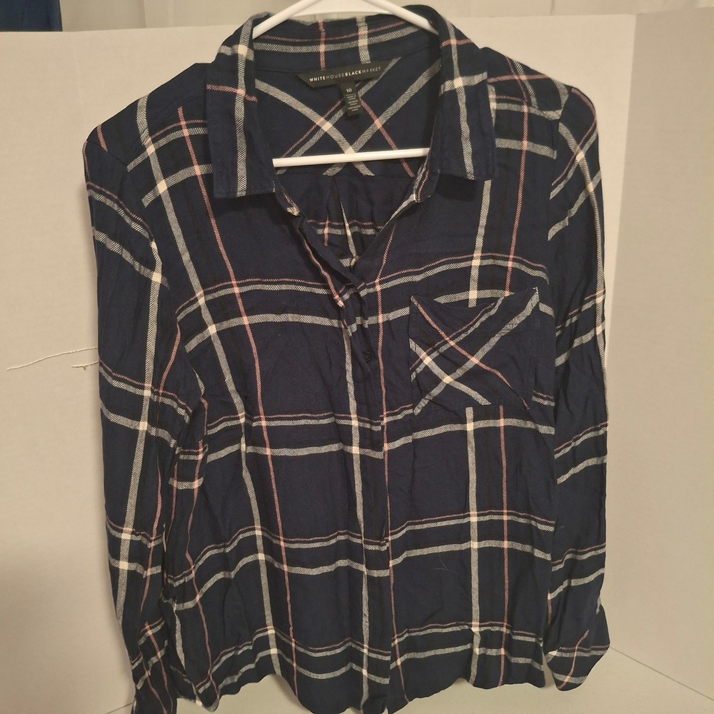 3/$15 WHITE HOUSE BLACK MARKET Plaid Long Sleeve Button Shirt Sz 10 Navy Pink